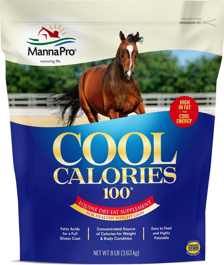 Manna Pro Cool θερμίδες 100 – συμπλήρωμα λίπους ιπποειδών για τα άλογα, υποστηρίζει υγιή αύξηση βάρους, μυϊκή συντήρηση & γυαλιστερό παλτό, συμπυκνωμένο ξηρό λίπος ενισχυτή θερμίδων, χαμηλής αντοχής φόρμουλα, 8 lb τσάντα