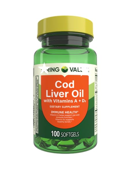 Cod Liver Oil Plus Vitamins A & D3 Immune Health Dietary Supplement Softgels Spring Valley, 100 Count Pack-1 (100)