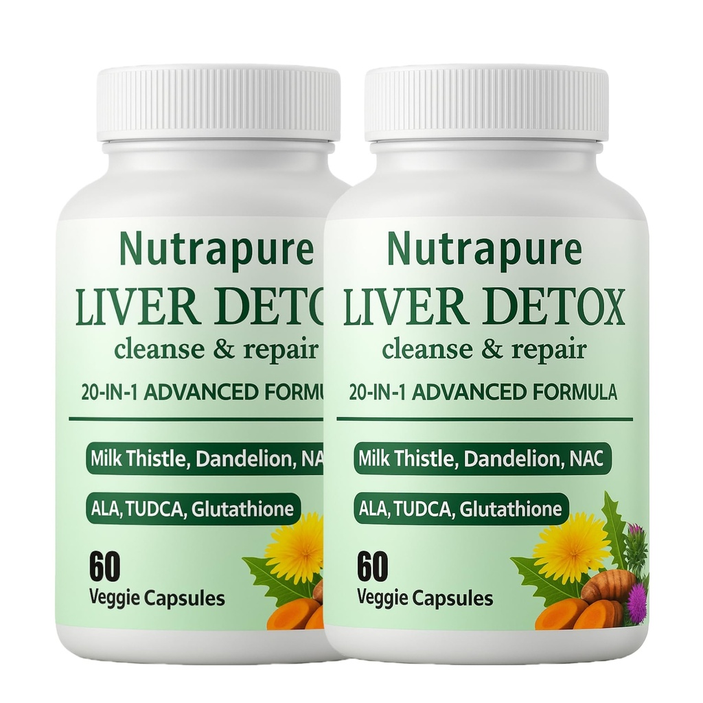 Nutrapure Liver Support Supplement Capsules, 20-in-1 Formula with Milk Thistle, Turmeric & Inositol, Antioxidant & Daily Wellness Support, 60 Veggie Capsules