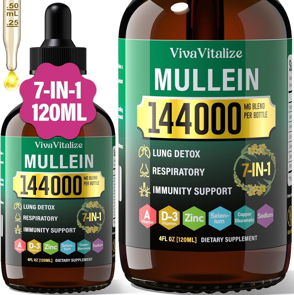 Mullein Drops for Lungs,144000mg Mullein Leaf Extract for Lungs Cleanse & αναπνευστική λειτουργία Υγιεινή αναπνοή Ανοσοποιητικό, Digestive System, Φυσικό συμπλήρωμα βοτάνων Ζάχαρη & Αλκοόλ-δωρεάν, 120-Ημέρα προσφοράς