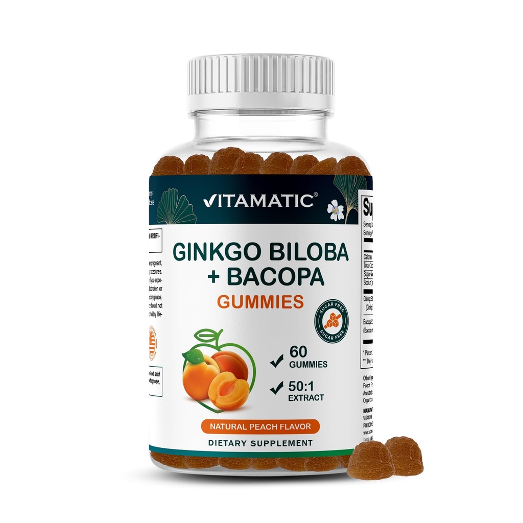 Vitamatic Ginkgo Biloba & Bacopa Gummies – Plant-Based Botanical Extract – Natural Peach Flavor – Vegan, Non-GMO, Gluten-Free – Herbal Supplement – 60 Count