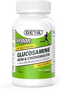DEVA Vegan Glucosamine MSM & Chondroitin + Turmeric, CMO, Boswellia, Hyaluronic Acid & More, Improved Non-Animal Formula, 90 Tablets