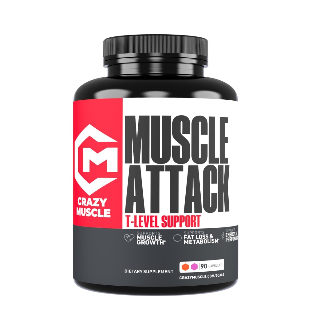 Crazy Muscle Testosterone Booster for Men w DHEA - 100mg - Muscle Attack Testosterone Supplement for Men with DHEA, Tongkat Ali, Saw Palmetto, & Tribulus Terrestris - 90 Capsules