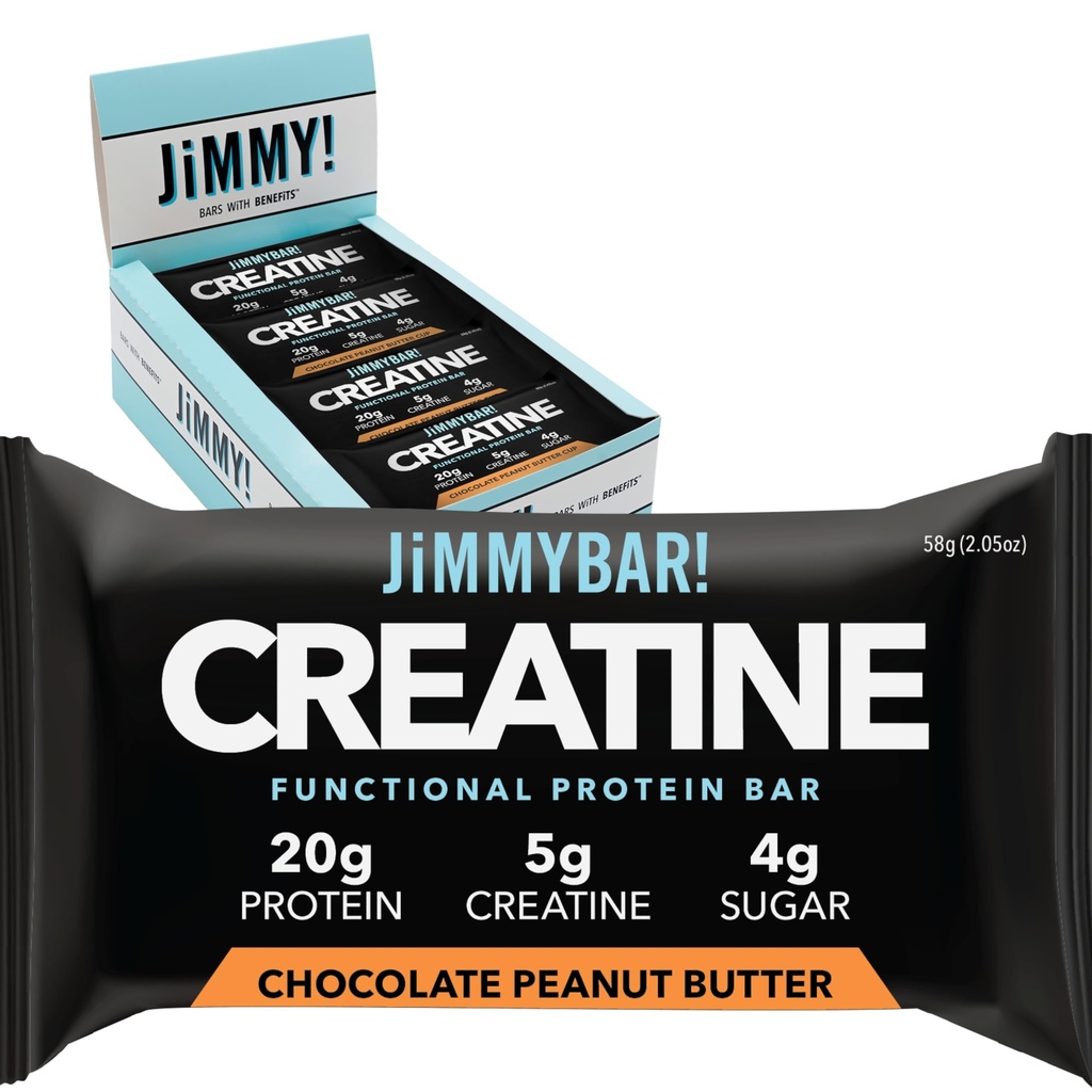 JiMMYBAR! Creatine Protein Bar, Chocolate Peanut Butter, 20g Protein, 5g Creatine Per Bar, Ready-to-Eat Snack Food Bar, 12 Bars
