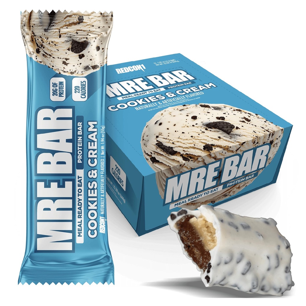 REDCON1 MRE Cookies & Cream Protein Bars - 12 Count Snack Bars for Breakfast or Post-Workout