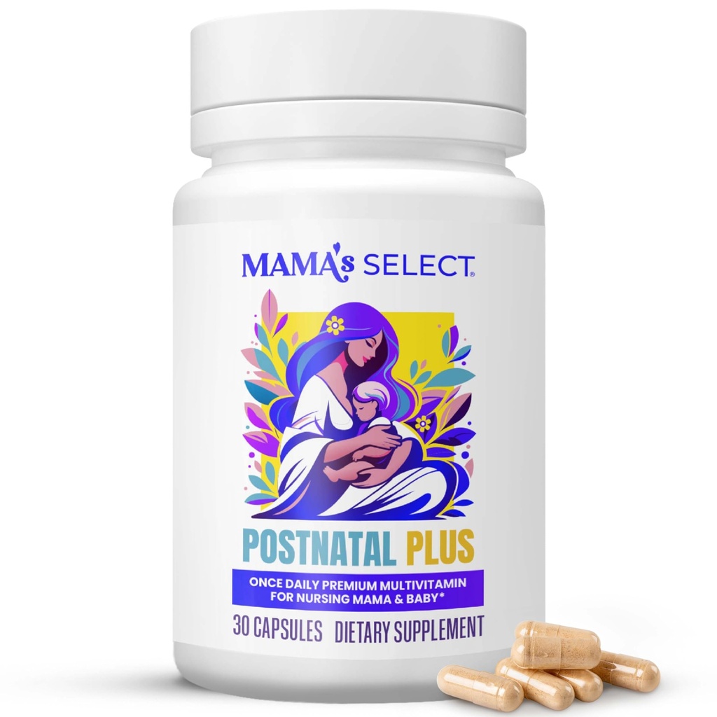 Mama's Select Μεταγεννητικές Βιταμίνες – Ενισχύει την αποκατάσταση μαλλιών, την παροχή γάλακτος, & την ευεξία – αλλεργιογόνο, Vegan, MTHFR Φιλικές, μεθυλιωμένες Φολικό & Β Βιταμίνες, Easy-to-Swallow, No Biotin - 30 Κάψουλες