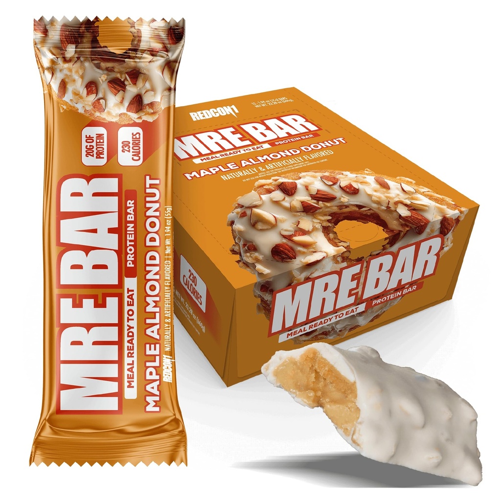 REDCON1 MRE Maple Almond Donut Protein Bars - 12 Count Snack Bars for Breakfast or Post-Workout