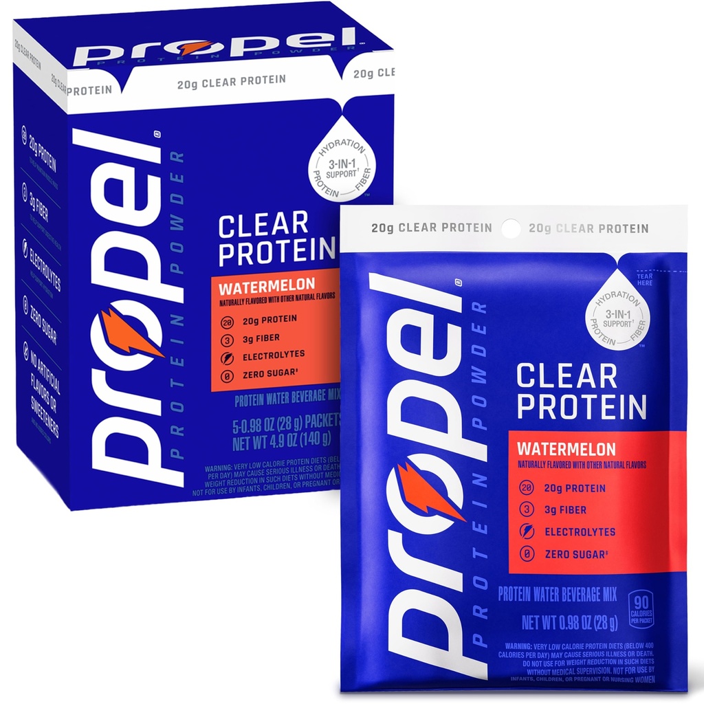 Propel Clear Protein Powder, Watermelon, (5 Servings), 20g Protein, Zero Sugar, 3g Fiber, 90 Calories, No Added Colors, No Artificial Sweeteners or Flavors, Electrolytes