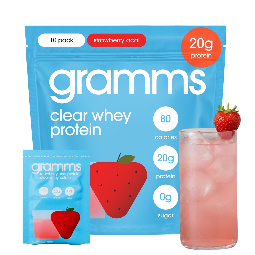GRAMMS Clear Protein Powder Packets 20G Protein for Women & Men | Lactose Free, Grass-Fed Whey Isolate, Gluten Free, Zero Sugar, Gut Friendly, Non-Bloating (Strawberry Acai-10 Servings)