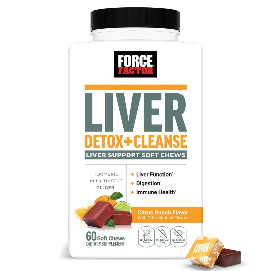 Force Factor Liver Detox, Liver Cleanse Detox & Repair Supplement, with Milk Thistle, Turmeric & Ginger to Support Digestion & Immune Health, Citrus Punch, 60 Soft Chews