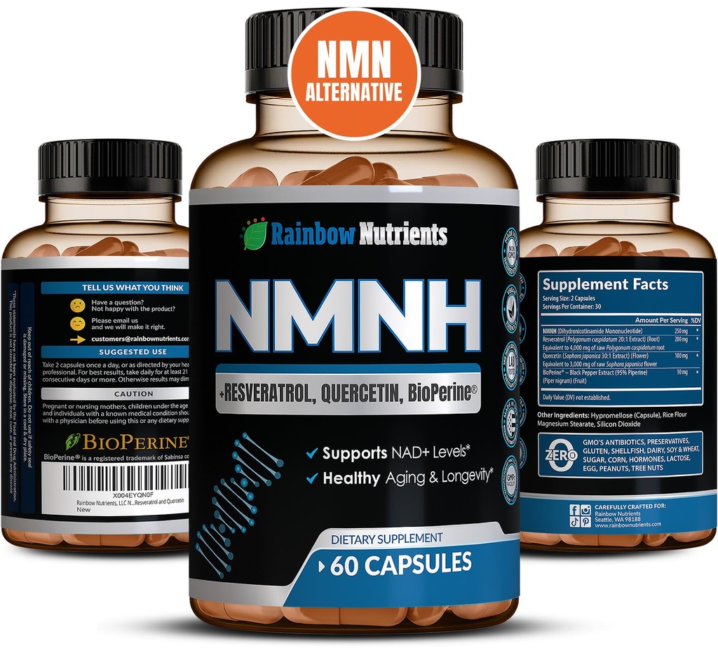 NMNH Supplement (NMN Alternative) NAD Booster for Anti-Aging, Cellular Energy & Nice Skin- Dihydronicotinamide mononucleotide, Resveratrol, Quercetin & BioPerine® for Max Absorption- 60 caps