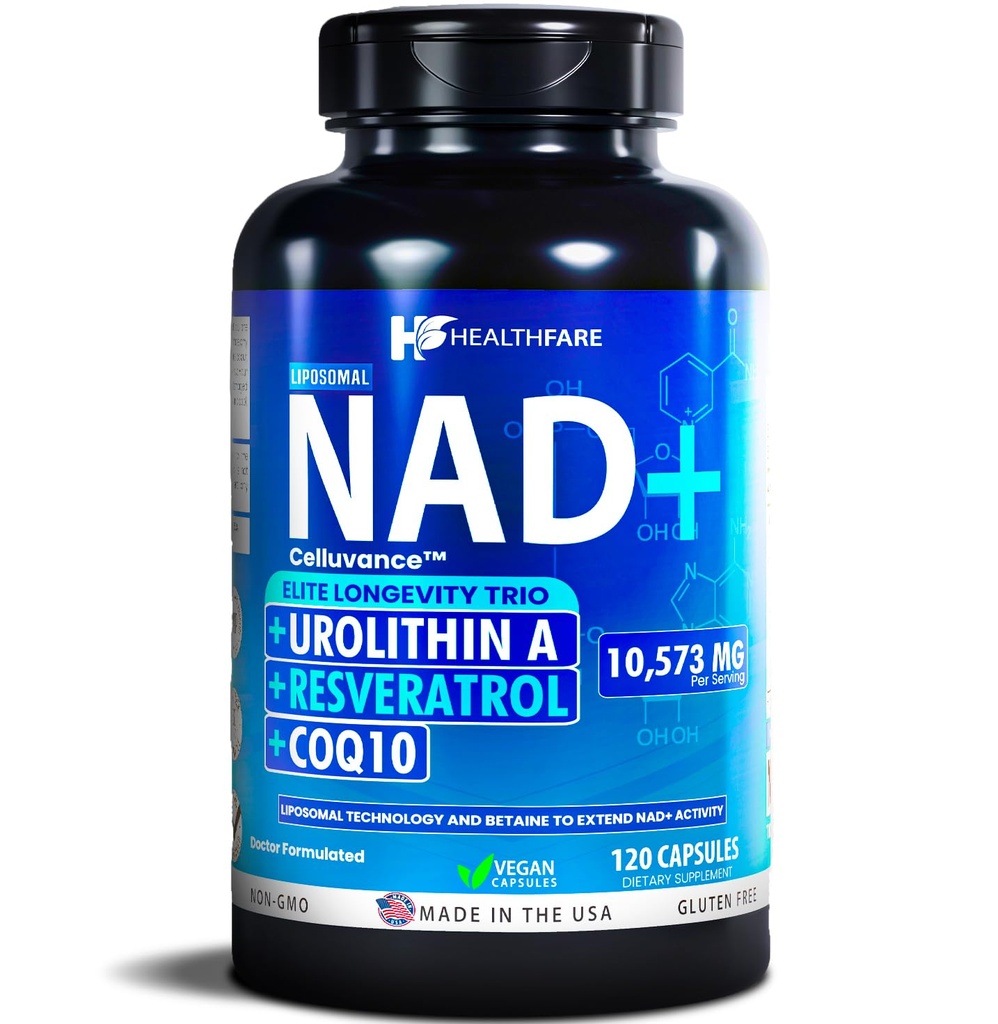 Healthfare 10,573mg NAD Supplement, Resveratrol, CoQ10-120 Capsules NMN Alternative Liposomal High Absorption Formula | Betaine for Anti-Aging Extended Effects - Cellular Energy, Skin for Women & Men