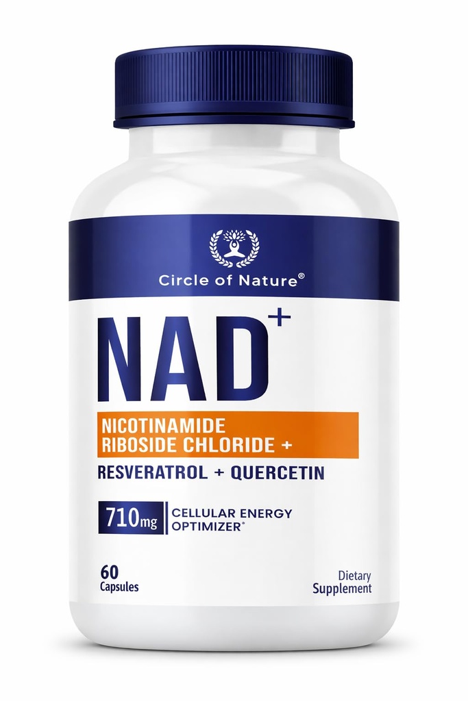 CIRCLE OF NATURE NAD+ Supplement Nicotinamide Riboside Chloride with Resveratrol, for Anti-Aging | Cellular Energy| Quercetin & Fenugreek 3rd Party Tested, 60 Capsules