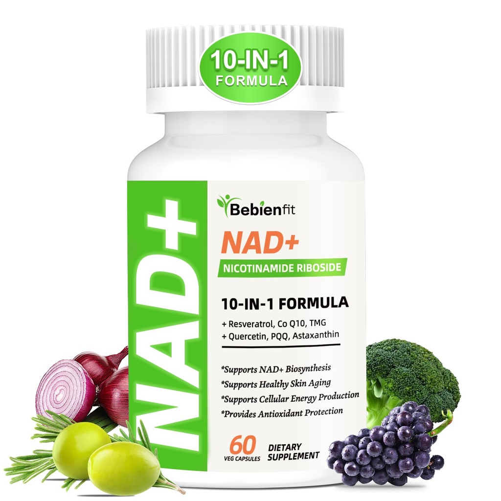Nad Supplement for Healthy Aging | Energy| Antioxidant| Skin Health| Focus ,10-in-1 Formula with NR,Trans-Resveratrol,CoQ10,Astaxanthin,PQQ,TMG,Quercetin,Olive Fruit Nad+ for Women Men,60 Vegan Caps