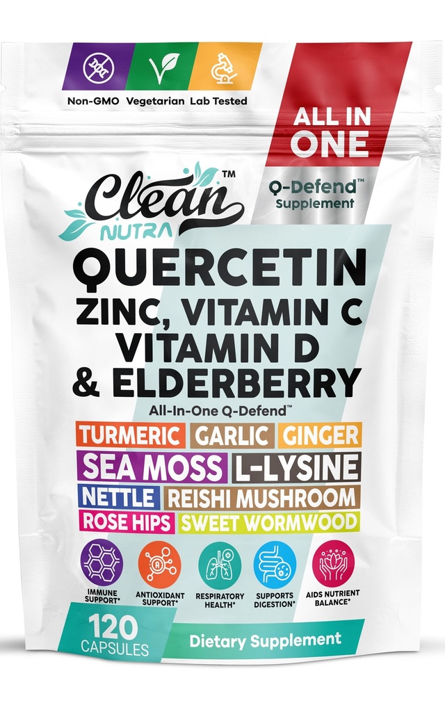 Q Defend Quercetin Supplement with Zinc Vitamin C Vitamin D Elderberry Turmeric Black Pepper Garlic Ginger Sea Moss Lysine Stinging Nettle Reishi Mushroom Immune Support 120 Capsules by Clean Nutra