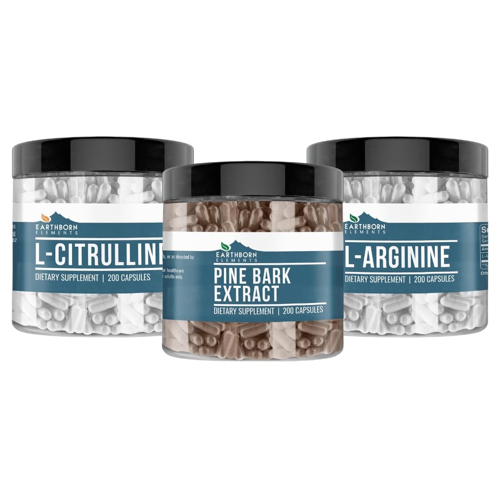 Earthborn Elements Pine Bark, L-Arginine, & L-Citrulline Capsule Bundle, 200 Capsules Each, Pure & Undiluted, No Additives