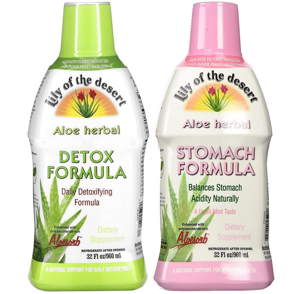 Lily Of The Desert Stomach Formula & Detox Formula Variety 2-Pack – Aloe Vera and Herbs for Gut Health, Liver Detox, Heartburn Relief, 32 Fl Oz Ea