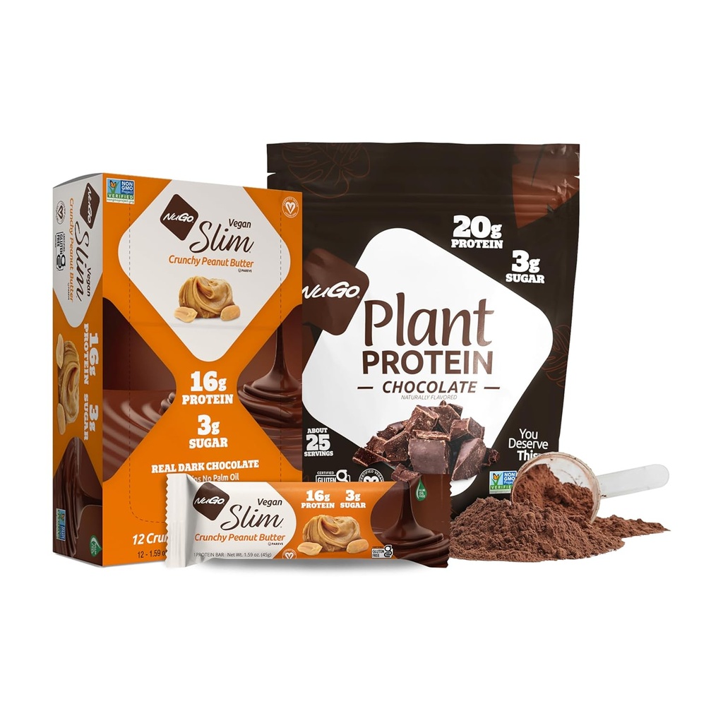 NuGo Slim Dark Chocolate Crunchy Φυστικοβούτυρο, 17g Vegan Πρωτεΐνη, 3g Ζάχαρη, 12 Count και NuGo Πρωτεΐνες σε σκόνη, 20g Πρωτεΐνη, 3g Ζάχαρη, 25 εξυπηρετούν