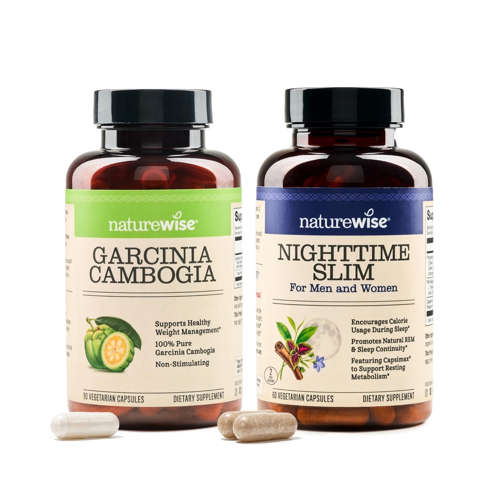 NatureWise [1] Garcinia Cambogia - 60% HCA - Vegan, Non-GMO - 90 Capsules[1-3 Month Supply] + [1] NighttimeSlim- Cayenne, Green Coffee Bean, GABA - 60 Capsules[30-Day Supply]