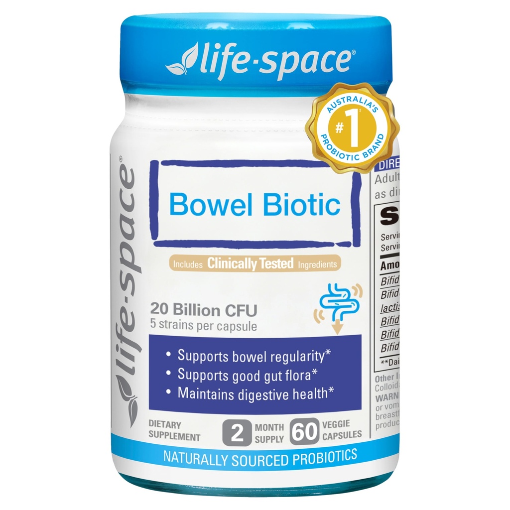 Life-Space Bowel Biotic Probiotics for Regularity, 2-Month Serving, 20 Billion CFU & 5 Strains, Support Bowel Movement & Digestive Health, Probiotics for Women and Men, 60 Vegetarian Capsules