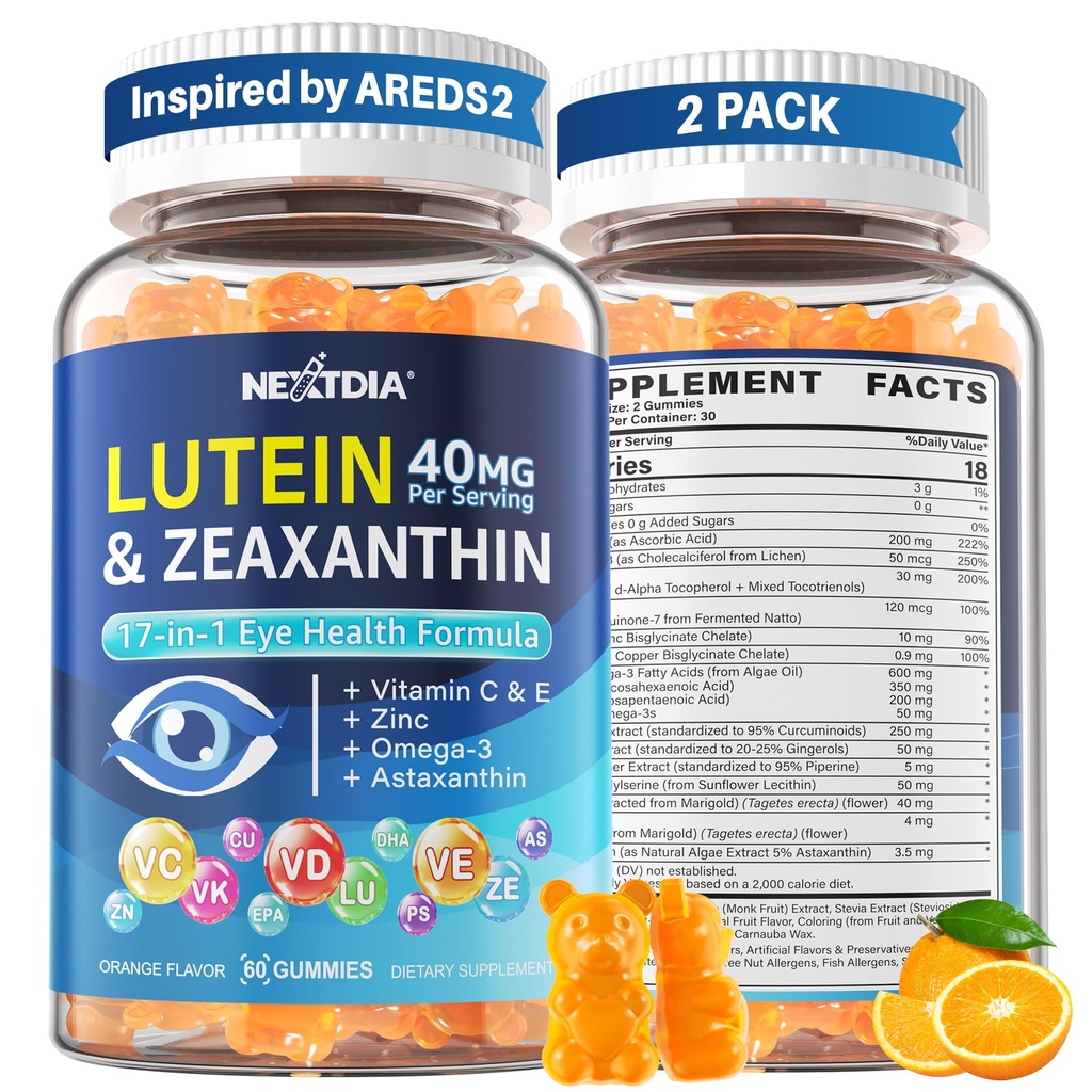 Lutein and Zeaxanthin Supplement, Eye Health Gummies, AREDS2-Based Formula, Omega-3, Vitamins C & E, Zinc, Copper, Clear Vision, Blue Light Filtering for Adults & Seniors, Sugar Free, Vegan, 120 Count