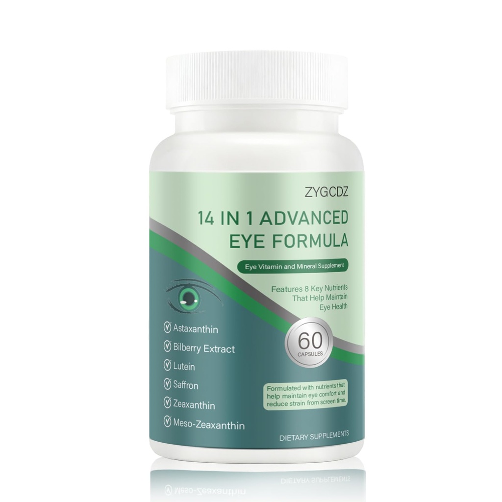 14-in-1 Advanced Eye Vitamin Supplement with Lutein, Zeaxanthin, Bilberry Extract & Zinc for Adults - Supports Vision, Macula & Blue Light Protection - 60 Capsules (01)