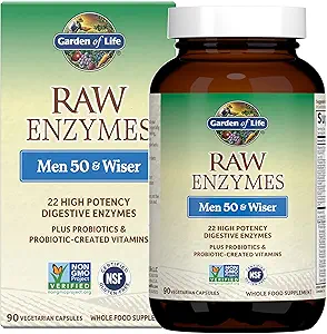 Garden of Life 22 Digestive Enzymes for Men 50 & Over με Bromelain, Papain & Lactase Plus Προβιοτικά & Βιταμίνες B12, Βιοτίνη & Ψευδάργυρος – RAW Ένζυμα – Μη – GMO, Χωρίς γλουτένη, Χορτοφαγικά, 90 κάψουλες