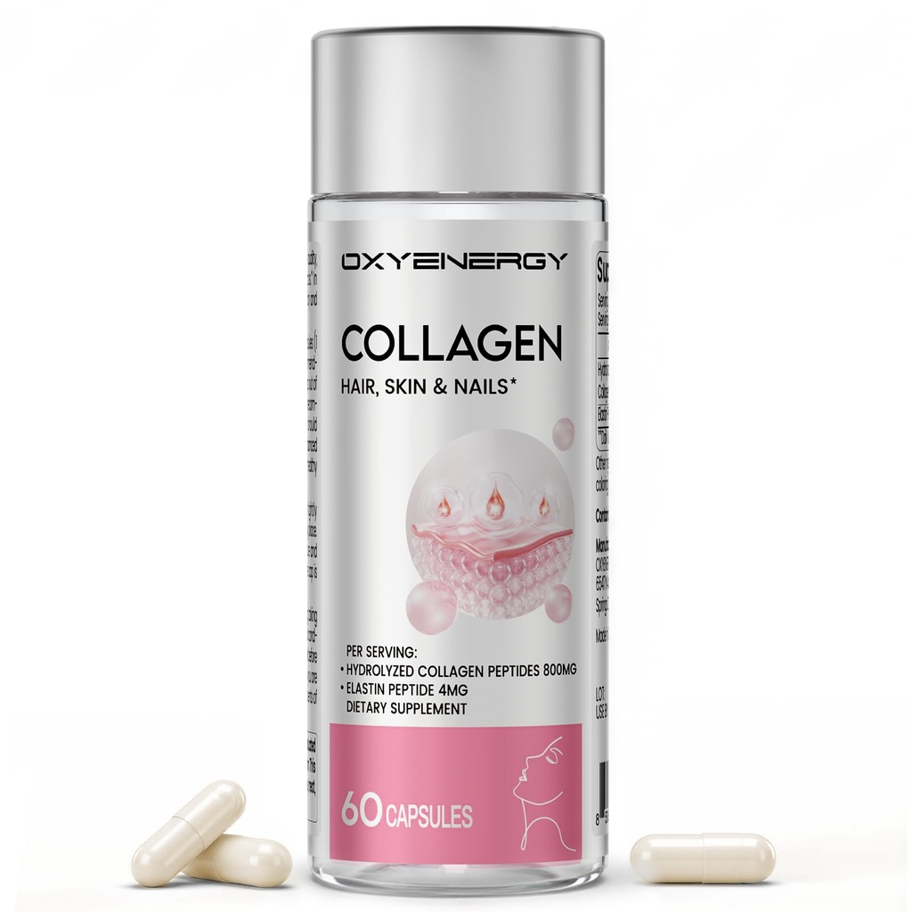 OxyEnergy Collagen Peptides Κάψουλες για γυναίκες, 800mg Hydrolyzed Collagen (Τύποι I) Συμπληρώματα με Elastin Peptides, 60 χάπια Collagen για την προώθηση των μαλλιών, νυχιών, δέρματος, Colágeno en Capsulas