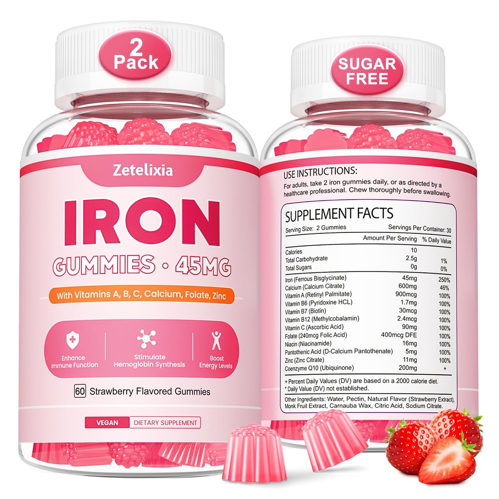 Vegan 2 Pack Iron Supplement Gummies for Women & Men, Anemia, Blood Builder & Energy Support for Iron Deficiency, with Vitamin C, A, B Complex, Folate, CoQ10, Sugar Free, Non-GMO, 120 Count