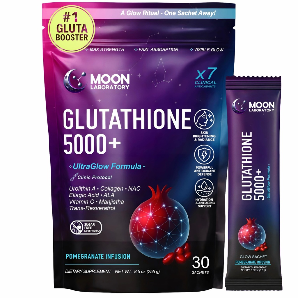 Reduced L-Glutathione 5000mg Powder Drink – Advanced 7 Antioxidant Complex with Urolithin A, NAC & Collagen – Skin Brightening, Anti-Aging & Detox Support – 30 Sachets. Pomegranate Flavor