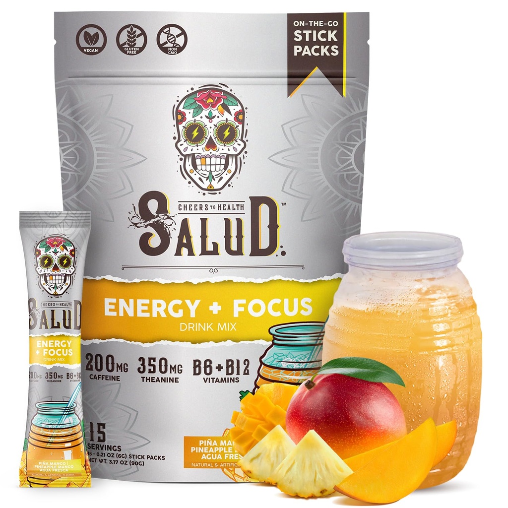 Salud 2-in-1 Energy Drink Powder + Focus, Pineapple Mango, Organic Caffeine, B6 + B12, Theanine, Clean Energy Drink Packets, Agua Fresca Mix, Non-GMO, Gluten Free, Vegan, 1g of Sugar, (15 Servings)