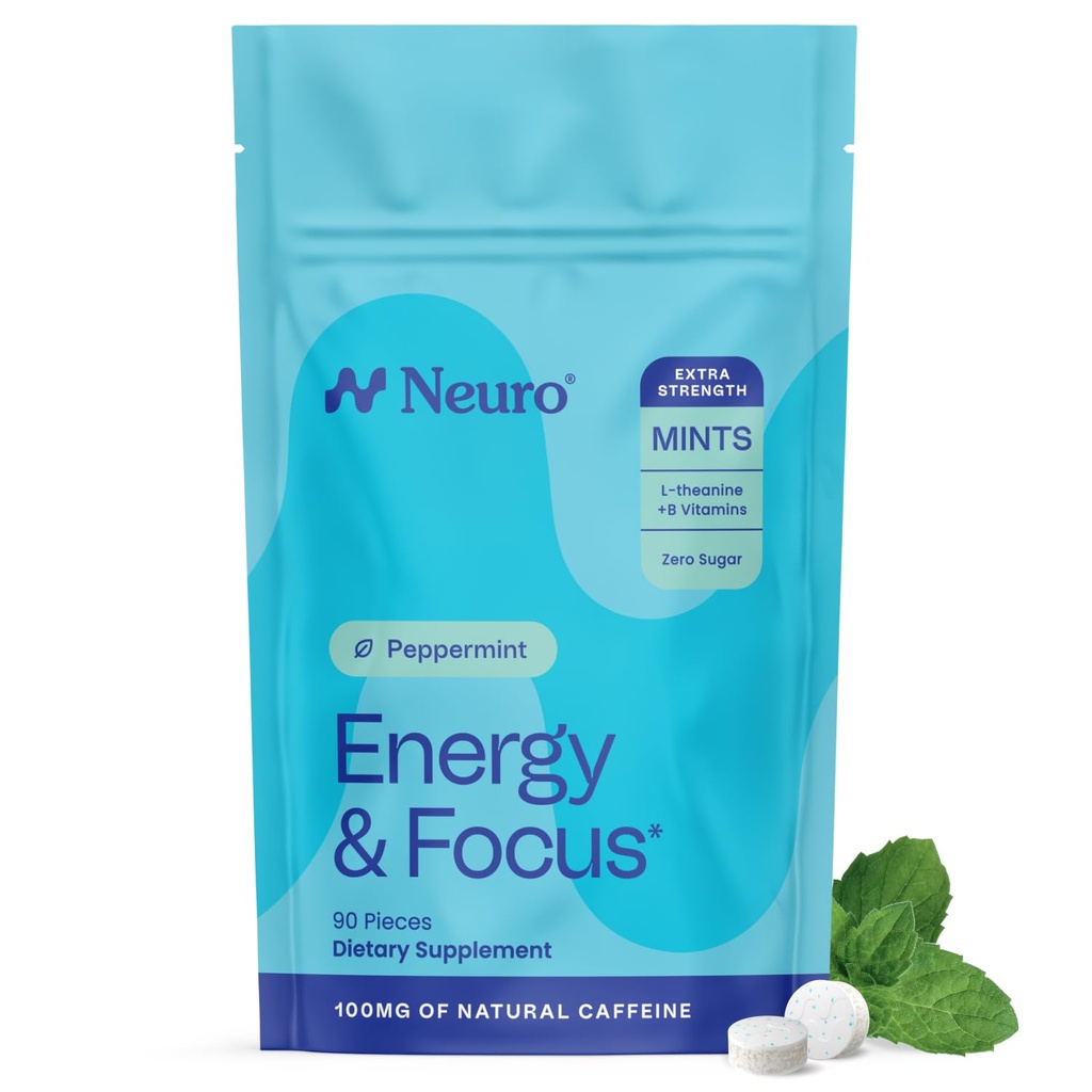 Neuro Energy & Focus Mints, Extra Strength - Sugar Free Breath Mints with 100mg Natural Caffeine, B Vitamins & L-Theanine - Vegan Brain Supplement for Exercise, Study & Daily Focus - Peppermint, 90 ct