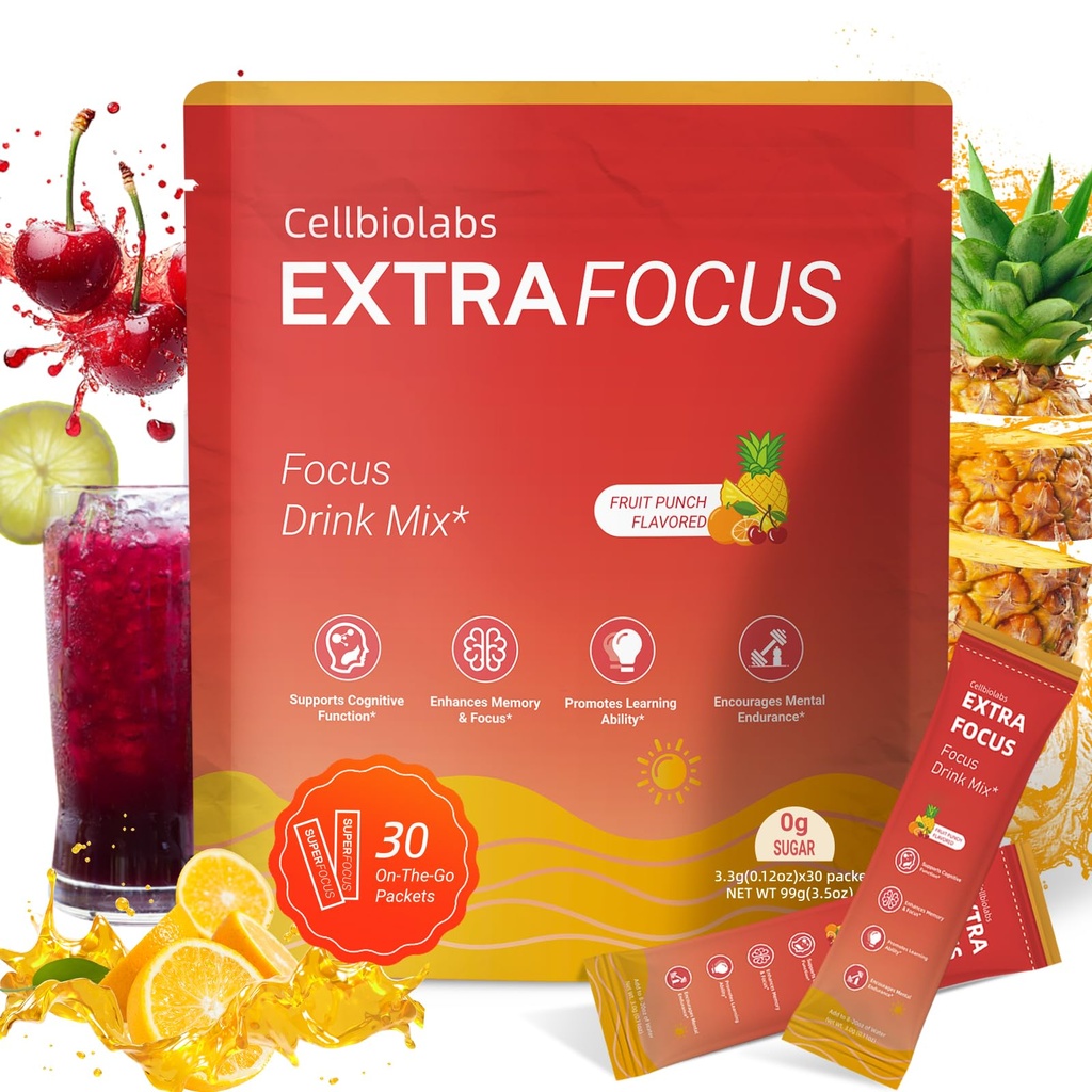 Nootropic Extra Focus Drink Mix, 30 Packs On-The-Go Sticks, Featuring Alpha-GPC, Lion's Mane & Rhodiola, Sugar-Free Packets Fruit Punch Clean Drink Mix
