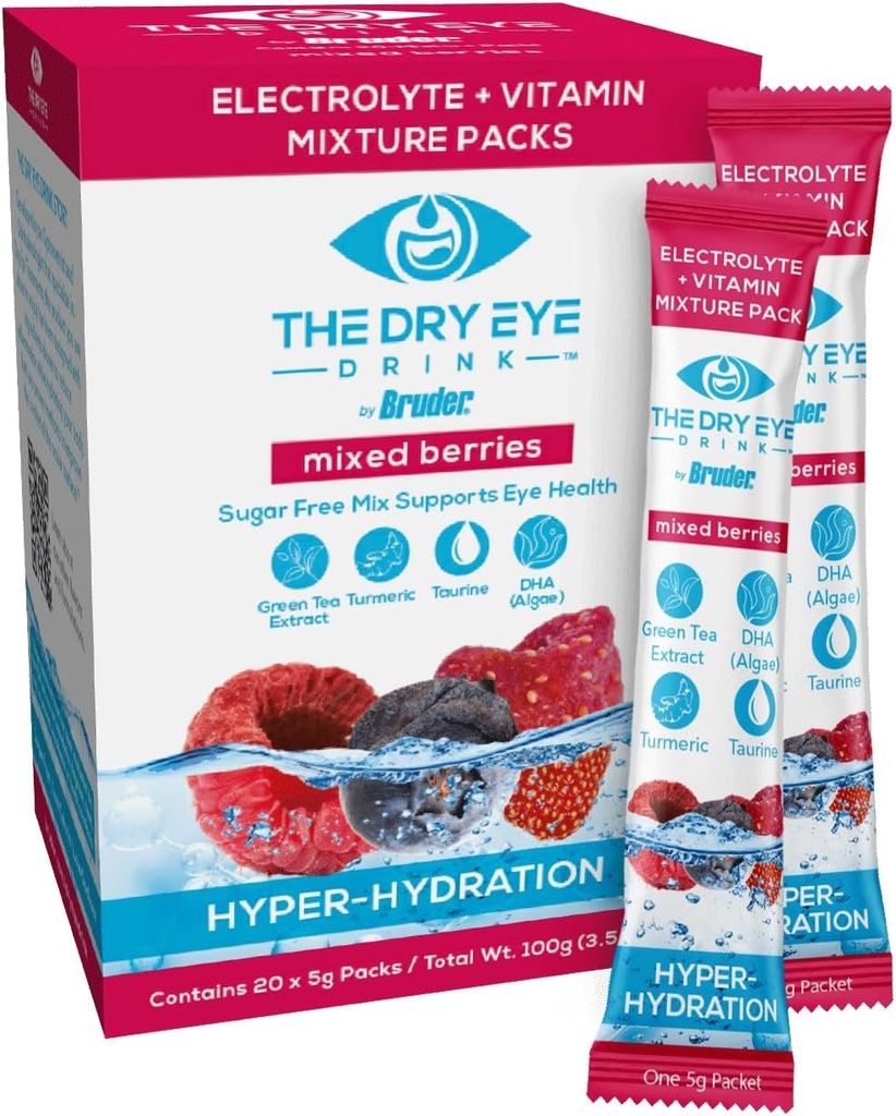 l Ultimate Hydration for Dry Eyes l Sugar-Free Electrolyte Powder Packets l Blended with Vitamins, Green Tea, Turmeric, Taurine, and DHA l 5g x 20 Packets (Mixed Berry)
