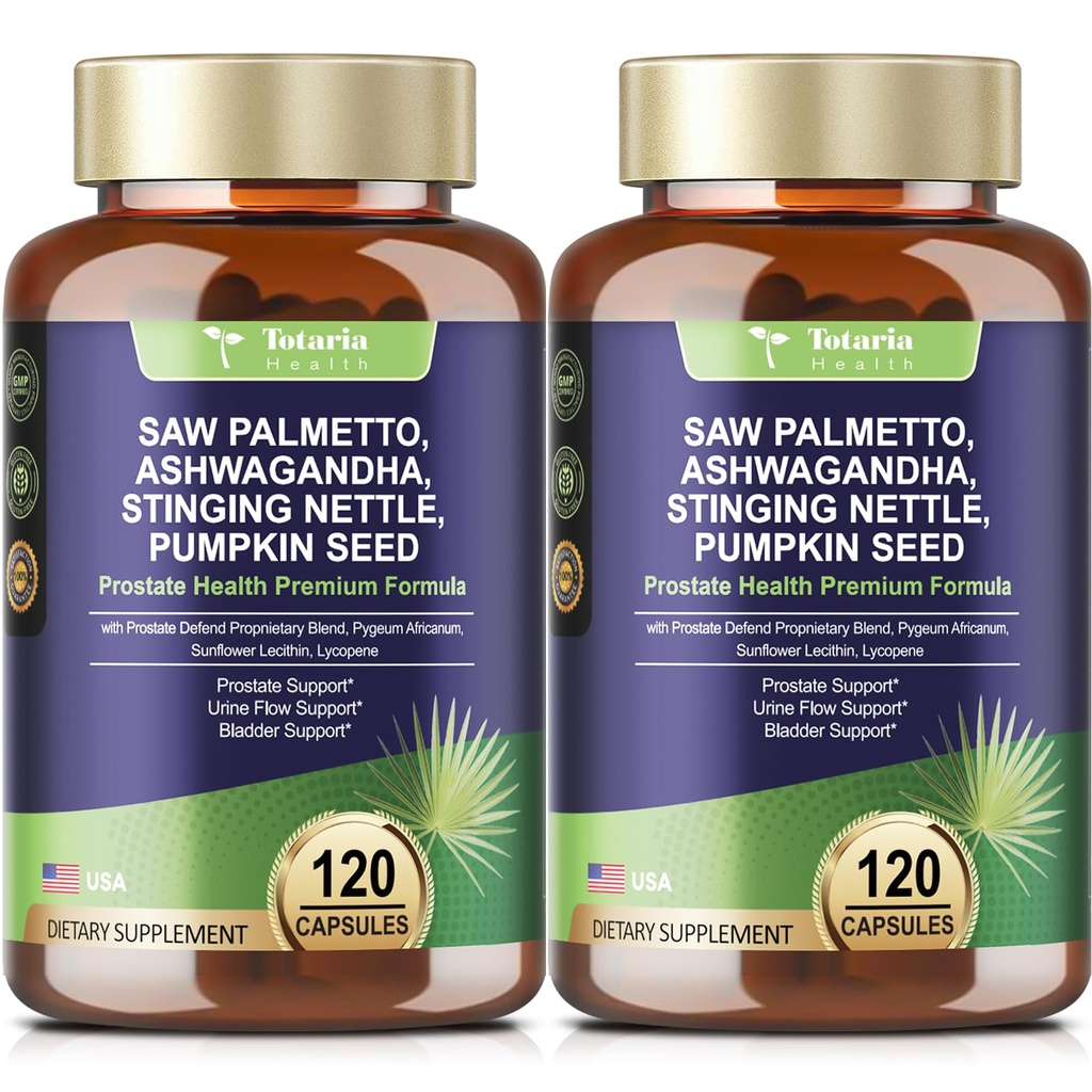 Totaria 2Pack Organic Saw Palmetto - Prostate Health Supplements for Men with Ashwagandha Root, Stinging Nettle, Pumpkin Seed, Prostate Defend Propnietary Blend, DHT Blocker, 240 Count