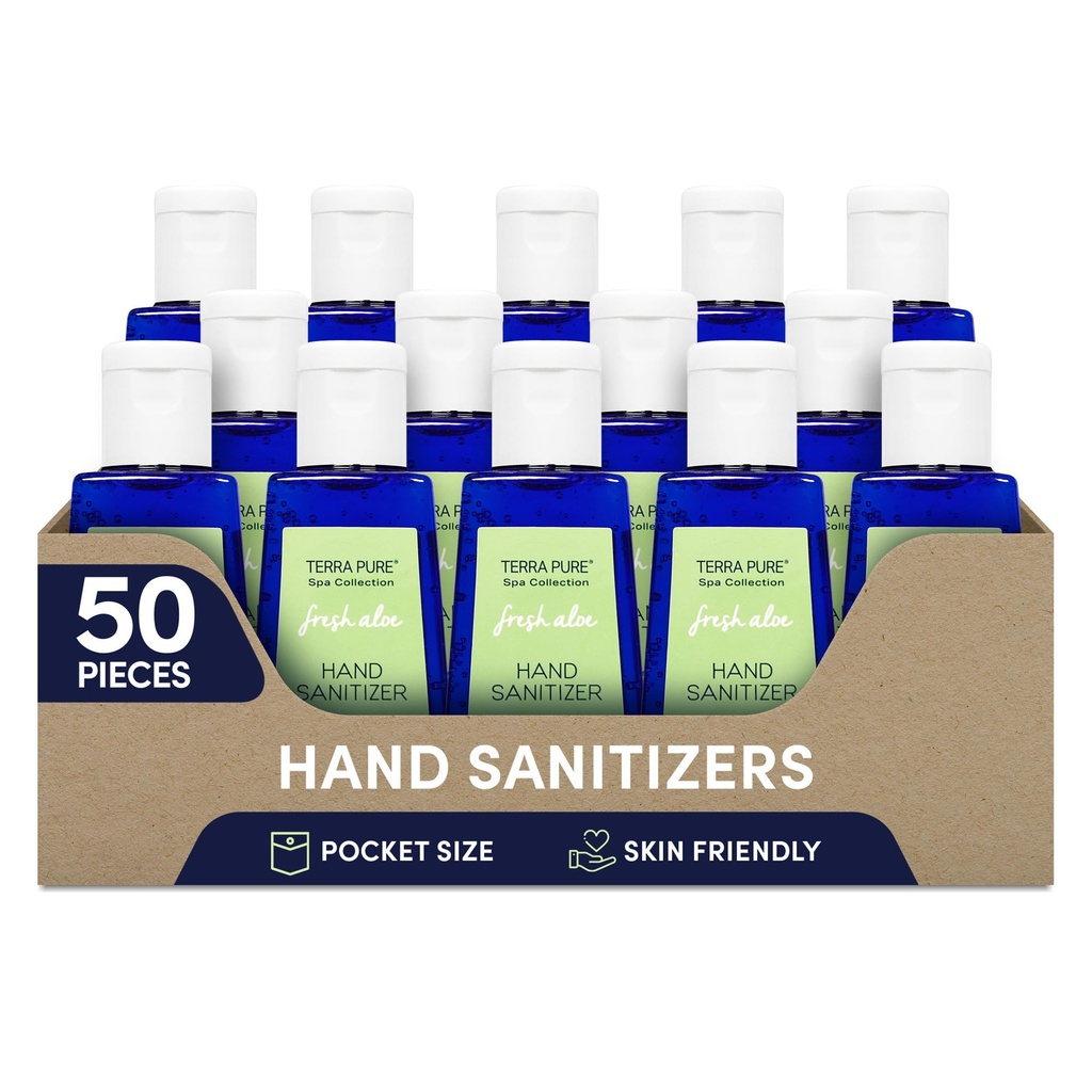 Terra Pure Hand Sanitizer Gel, 1 oz 50 Pack, Alcohol Free Silver Citrate Formula with Aloe Vera and Vitamin E, Non Drying Bulk Travel Size for Hotels, Gyms, Schools, Offices, Events