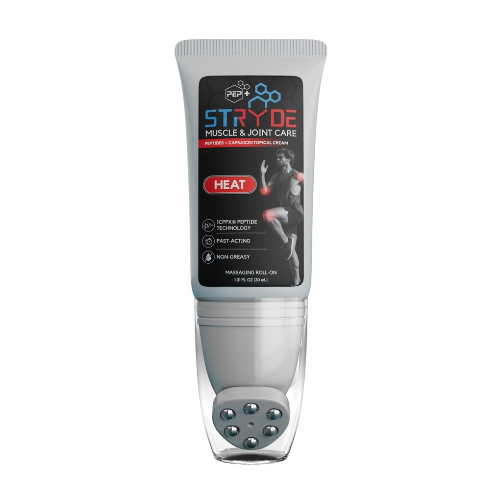 PEP+ STRYDE Heat – Peptide-Powered Muscle & Joint Care Cream for Pre-Workout Activation – Warming Capsaicin Formula, Fast-Absorbing, Non-Greasy, Massaging Roller 1.01 fl oz (30 mL)