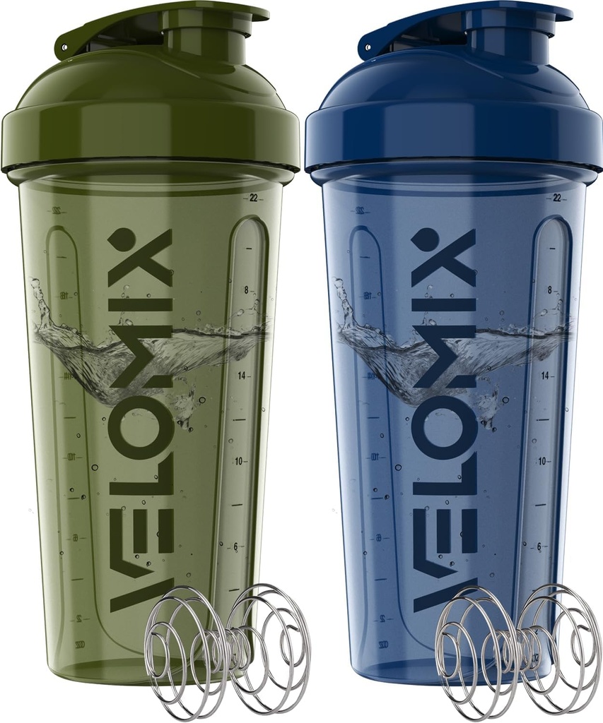 VELOMIX -2 Pack- 28 oz Protein Shaker Bottles for Protein Mixes - 2x Wire Whisk | Leak Proof Shaker Cups for Protein Shakes and Pre Workout | Protein Shaker Bottle Pack (A2) Blue/Green