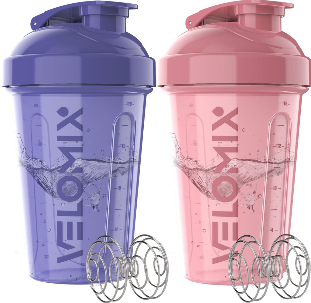 VELOMIX -2 Pack- 20 oz Protein Shaker Bottles for Protein Mixes - 2x Wire Whisk | Leak Proof Shaker Cups for Protein Shakes and Pre Workout | Protein Shaker Bottle Pack (B4) Lavender Glow