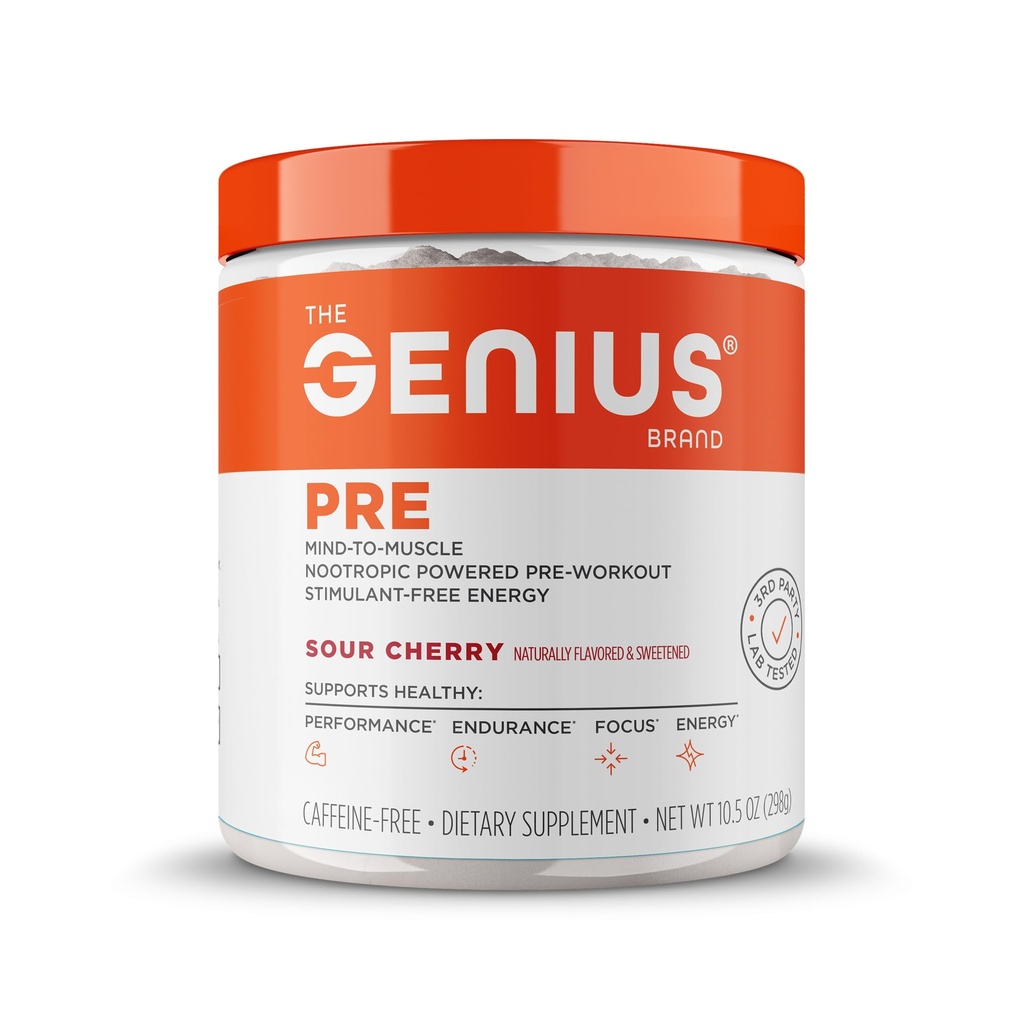 The Genius Brand Genius Pre - Clean Pre-Workout Powder for Energy, Focus & Fitness Support - Made with Flavors, Colors, and sweeteners from Natural Sources - Non-GMO - 20 Servings - Sour Cherry