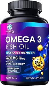 Ωμέγα 3 Fish Oil 2400 mg συμπλήρωμα, επαρκώς πηγασμένη, τριπλή δύναμη Omega-3 συμπλήρωμα Softgels, Brain Health Support, EPA & DHA Fish Oil λιπαρά οξέα συμπληρώματα, γλουτένη & GMO δωρεάν, 60 Softgels