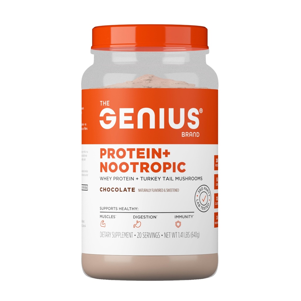 The Genius Brand Protein Powder - Chocolate + Adaptogenic Mushroom Blend - Plant-Based Protein with Turkey Tail for Gut Health - Daily Muscle Recovery & Immune Support - 20 Servings