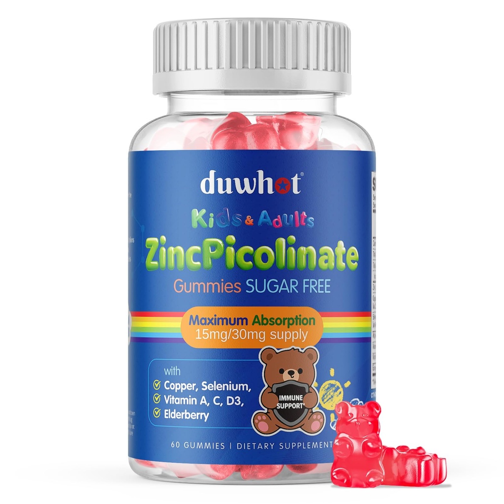 Zinc for Kids Supplements, Zinc Picolinate 30mg Gummies with Copper, High Absorption Form, with Selenium, Elderberry, for Kids Teens Growth, Skin & Immune Health, Sugar Free, 60 Gummies
