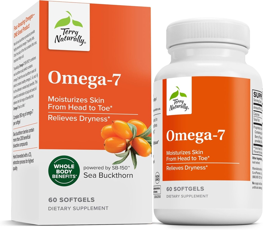 Terry Φυσικά Omega-7 - Συμπλήρωμα διατροφής με Απαραίτητα Λιπαρά Οξέα - Συμπλήρωμα διατροφής για την υποστήριξη της υγείας του δέρματος με Sea Buckthorn, Berry Pulp & Seed Oil - 60 Softgels (Pack of 2)