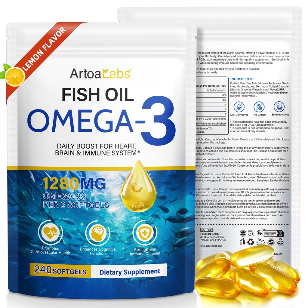 Omega 3 Fish Oil,240 Softgels from Deep Sea Fish–Lemon Flavored-with EPA & DHA-Promotes Brain,Heart,Joint,& Immune Health-20 Days Servings