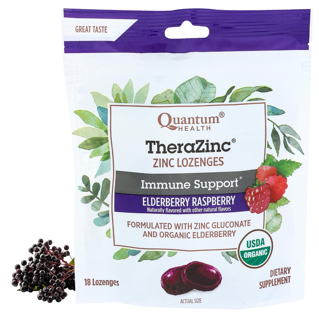 Κβαντική Υγεία TheraZinc Organic Zinc Lozenges Elderberry & Honey - Ανοσοποιητική Υποστήριξη για Ενήλικες & Παιδιά 12+ Φυσικά αρωματισμένο σμέουρο γρήγορη ανακούφιση με καμία επίγευση - 18 κόμης