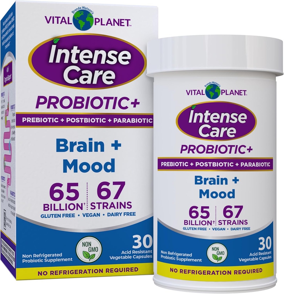 Vital Planet - Intense Care Brain & Mood Probiotics, Organic Prebiotics, Postbiotics, Parabiotics, Complete 4- in-1 Συμπλήρωμα Υγείας για Ενήλικες, 65 δισεκατομμύρια CFU, 67 Strains, Digestive και Immune 30 ct