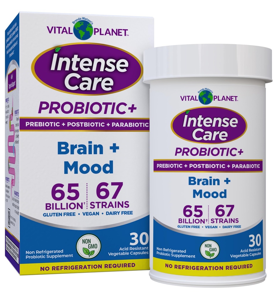 Vital Planet - Intense Care Brain & Mood Probiotics, Organic Prebiotics, Postbiotics, Parabiotics, Complete 4- in-1 Συμπλήρωμα Υγείας για Ενήλικες, 65 δισεκατομμύρια CFU, 67 Strains, Digestive και Immune 30 ct