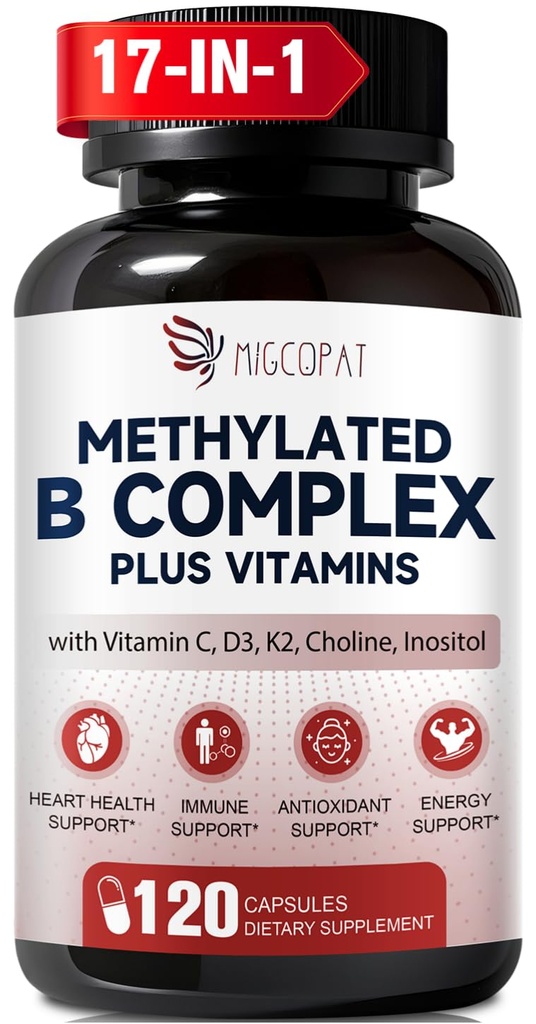 Migcopat 17-in-1 Methylated B Complex, 258,150 mcg Multivitamins, B12 Methylcobalamin, Methylfolate,Vitamin C, Vitamin D3 K2, CoQ10, Biotin, TMG, Methylated Multivitamin for Energy, Brain-120 Capsules