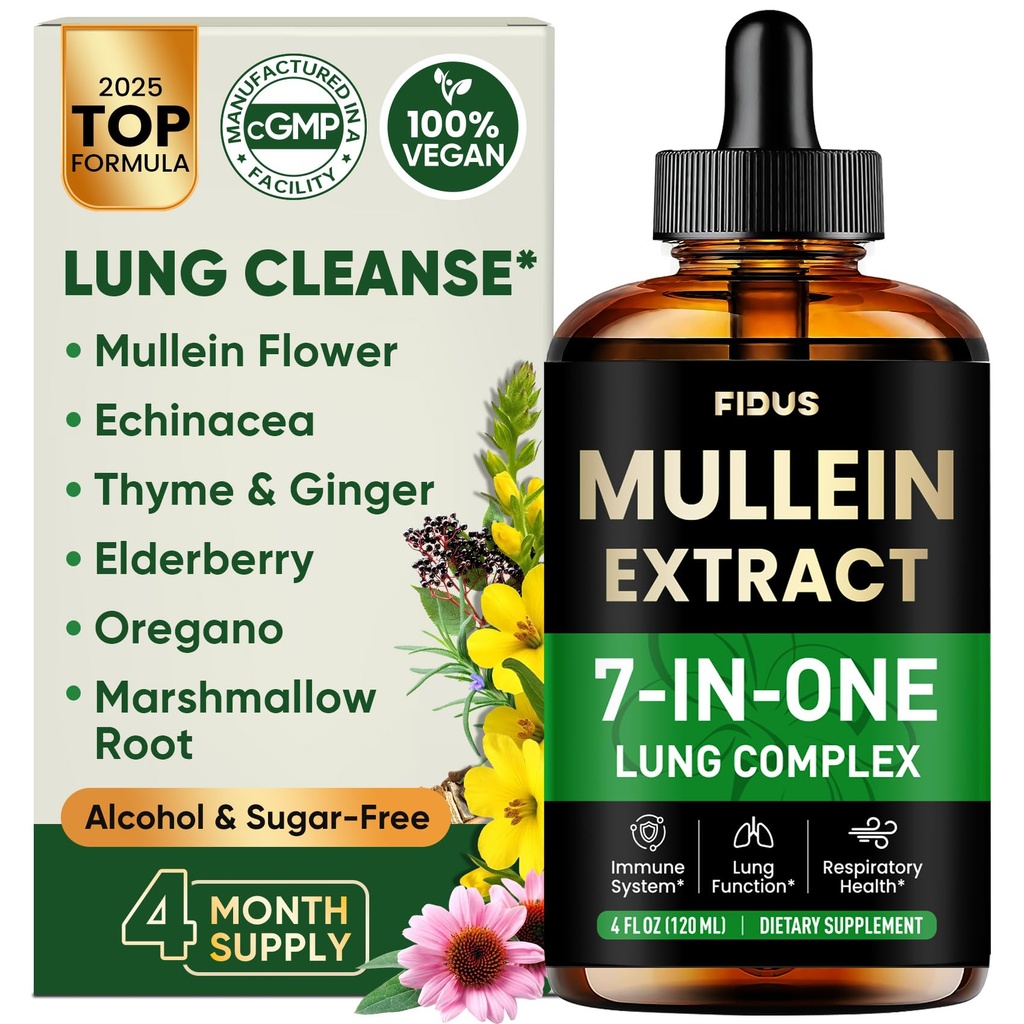 Mullein Drops for Lungs, 120 Servings - Mullein Leaf with 7 Herbs Echinacea, Oregano, Ginger, Elderberry, Marshmallow Root & Thyme - Lung Detox for Smokers - Respiratory, Immune & Lymphatic Drainage